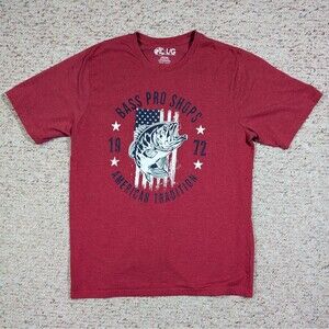 Bass Pro Shops T-Shirt American Tradition 1972 Mens LARGE Red Flag Fish Logo